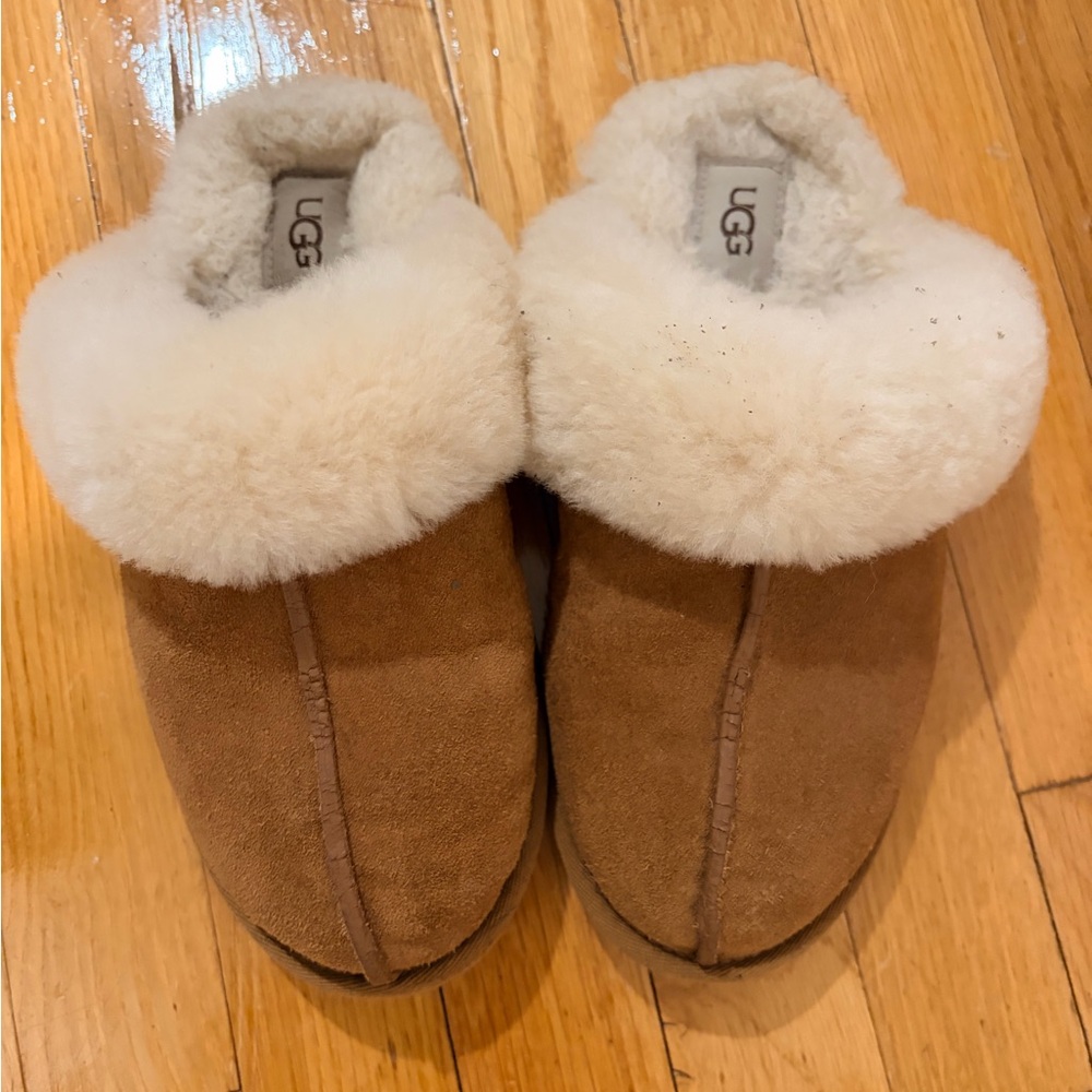 UGG Tan and Cream Shearling Scuff Slippers